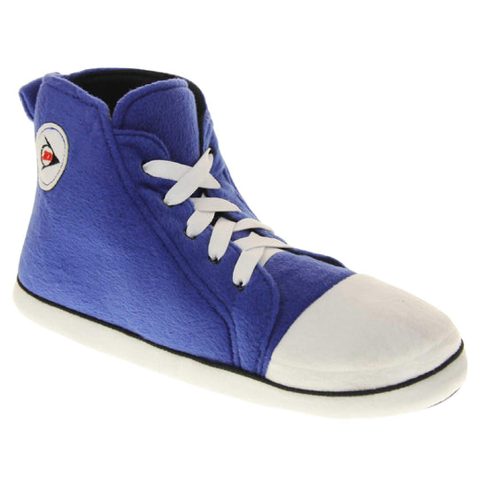 High top slippers for men. Blue soft fabric upper in high-rise sneaker style. With white elasticated laces and white circle with Dunlop logo to the side. White edge around the sole of the shoe. Black textile lining. Black sole with bumps for grips. Right foot at an angle.