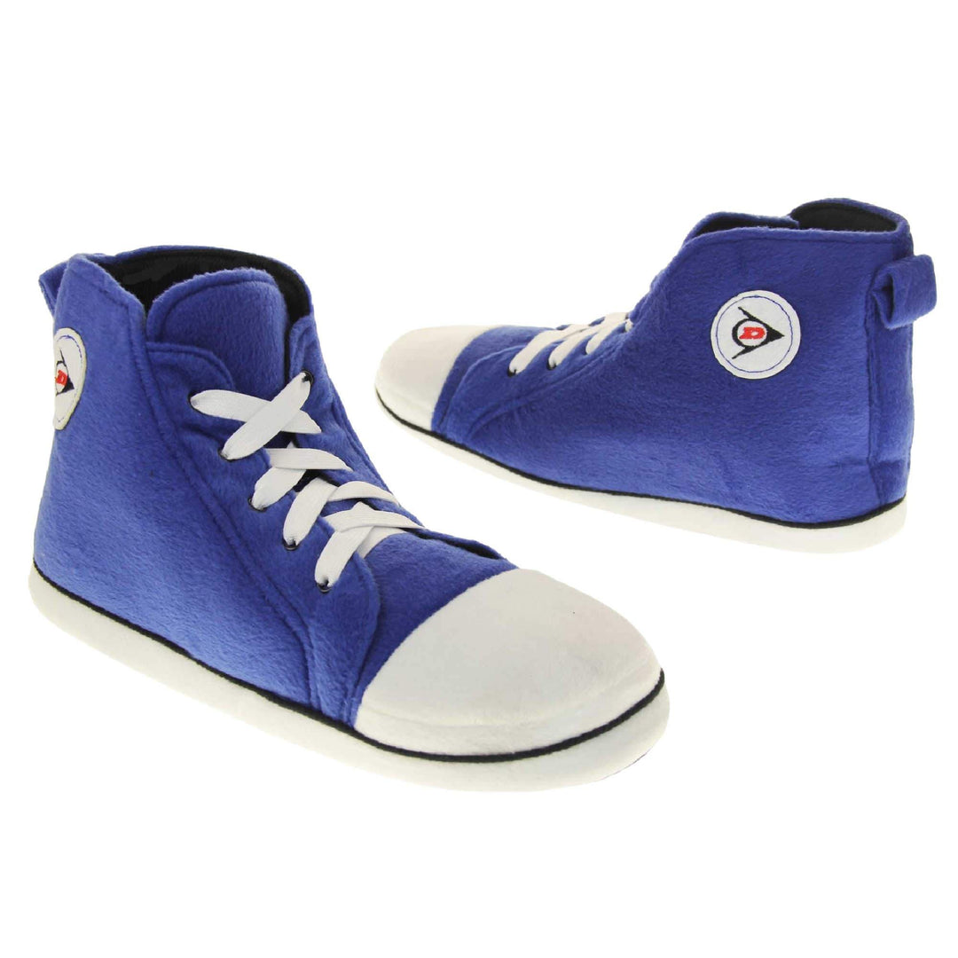 High top slippers for men. Blue soft fabric upper in high-rise sneaker style. With white elasticated laces and white circle with Dunlop logo to the side. White edge around the sole of the shoe. Black textile lining. Black sole with bumps for grips.  Both feet facing top to tail at an angle.