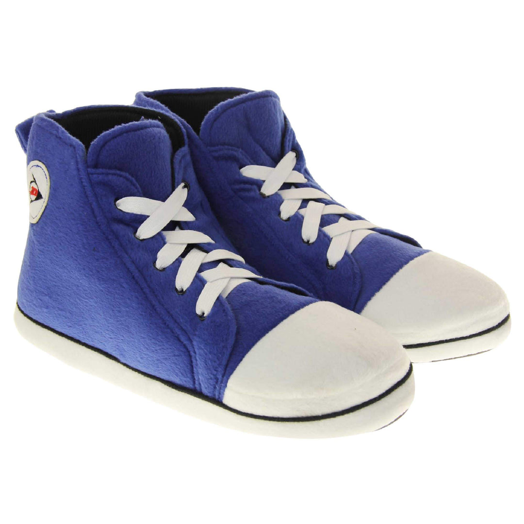 High top slippers for men. Blue soft fabric upper in high-rise sneaker style. With white elasticated laces and white circle with Dunlop logo to the side. White edge around the sole of the shoe. Black textile lining. Black sole with bumps for grips. Both feet together at an angle.