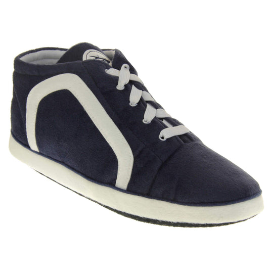 Mens high top slippers. Navy soft fabric upper in hi-top trainer style. With white elasticated laces and white line logo to the side. White circle with Dunlop logo on the tongue with a white edge around the sole of the shoe. White textile lining. Black sole with bumps for grips. Right foot at an angle