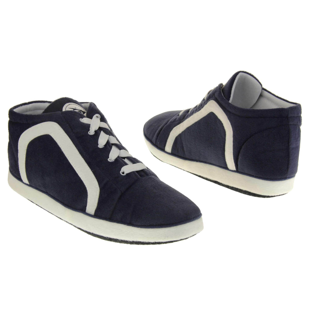 Mens high top slippers. Navy soft fabric upper in hi-top trainer style. With white elasticated laces and white line logo to the side. White circle with Dunlop logo on the tongue with a white edge around the sole of the shoe. White textile lining. Black sole with bumps for grips. Both feet facing top to tail, at an angle.
