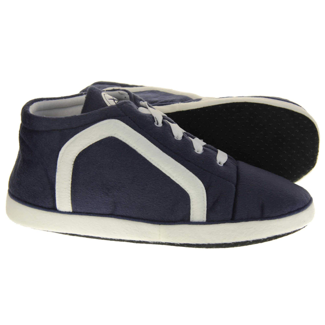 Mens high top slippers. Navy soft fabric upper in hi-top trainer style. With white elasticated laces and white line logo to the side. White circle with Dunlop logo on the tongue with a white edge around the sole of the shoe. White textile lining. Black sole with bumps for grips. Both feet from side profile with left foot on its side to show the sole.