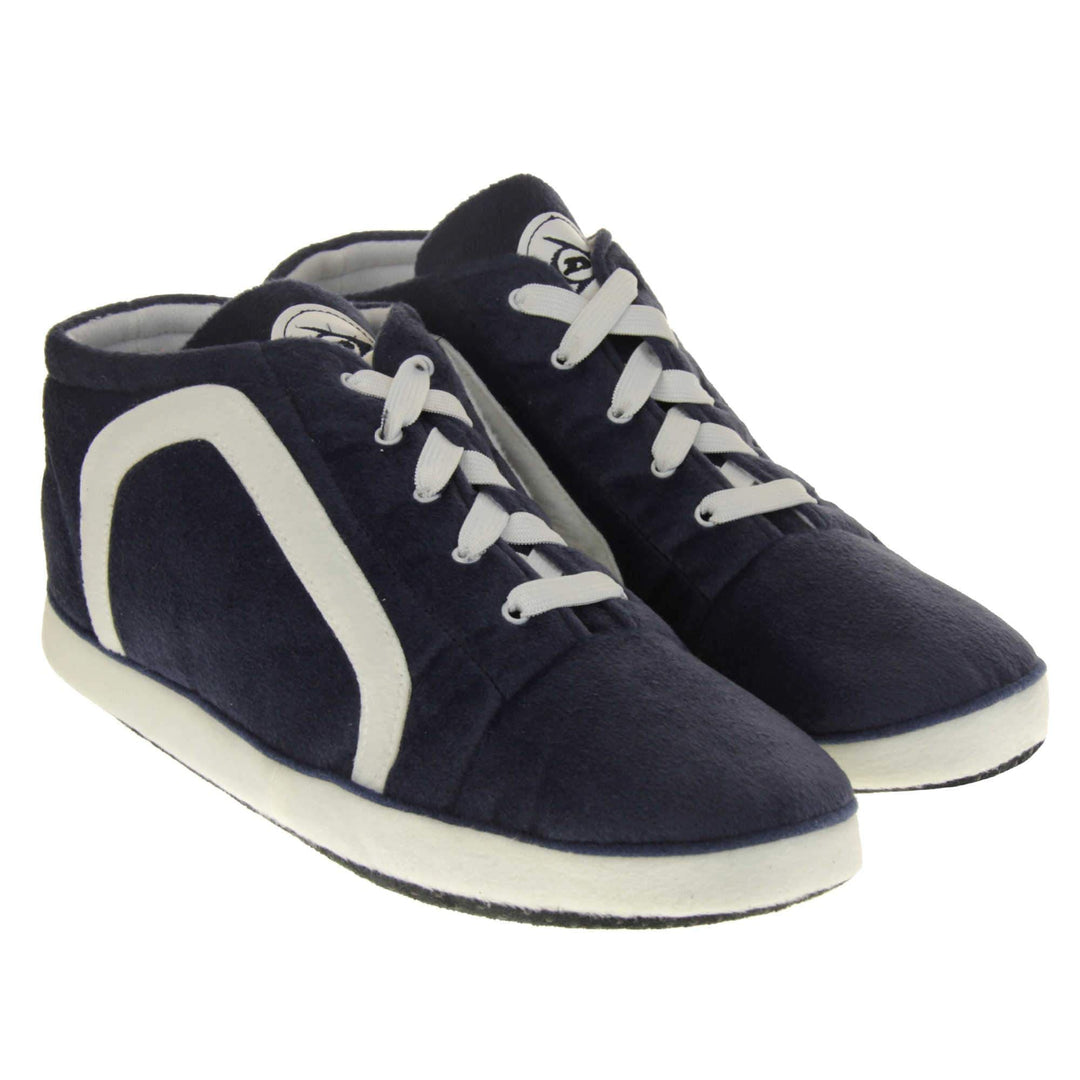 Mens high top slippers. Navy soft fabric upper in hi-top trainer style. With white elasticated laces and white line logo to the side. White circle with Dunlop logo on the tongue with a white edge around the sole of the shoe. White textile lining. Black sole with bumps for grips. Both feet together at an angle.