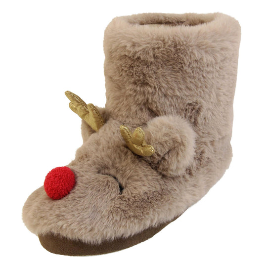 Kids animal slippers. Furry slipper boots in a brown faux fur with a cute reindeer face on. With a red pom pom nose and gold shiny antlers. The same colour fleece lines the boot. Left foot at an angle.