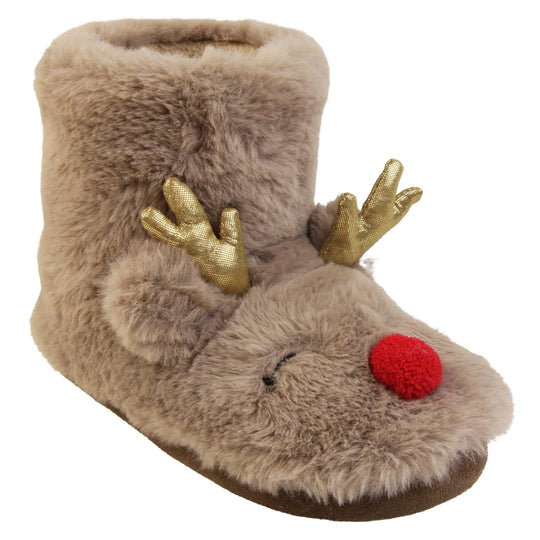 Kids animal slippers. Furry slipper boots in a brown faux fur with a cute reindeer face on. With a red pom pom nose and gold shiny antlers. The same colour fleece lines the boot. Right foot at an angle.