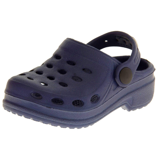 Kids Pool Shoes. Navy Blue synthetic clog style shoes. Cut out holes around the toes and the upper. Navy strap that goes along the back of your heel. The strap can be moved along the top of the shoe instead to make the shoe a mule. Left foot at an angle