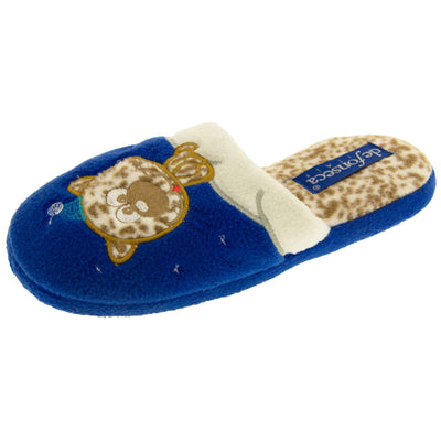 Kids cat slipper. Mule slipper with royal blue upper. Cream trim to the top of the upper, along the bridge of the foot. With an embroidered leopard print cat sat on the trim with a little blue night cap on and stars around him. The insole of the slipper is leopard print with a blue De Fonesca label on it. With a black sole. Left foot at an angle.