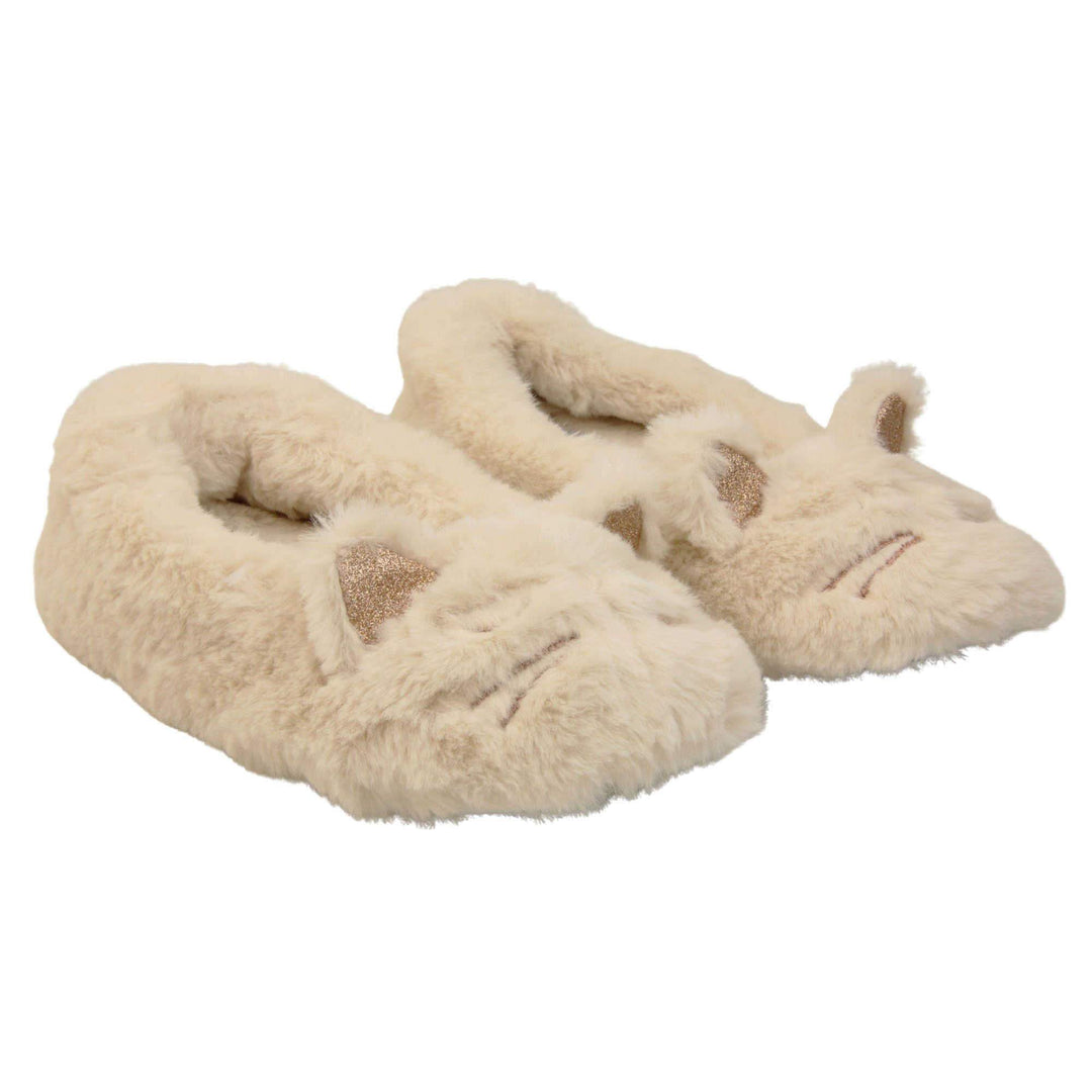 Kids cat slippers. Cream faux fur ballet style slipper with cat face stitched into the upper. Sparkly ear detail to the top of the upper. Lined with the same faux fur. Both feet together at an angle.