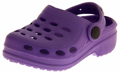Kids Pool Shoes. Purple synthetic clog style shoes. Cut out holes around the toes and the upper. Purple strap that goes along the back of your heel. The strap can be moved along the top of the shoe instead to make the shoe a mule. Left foot at an angle