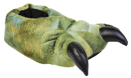 Kids dinosaur slippers. Cushioned slippers shaped like a dinosaur foot. Green textile outer with scale type pattern and black shiny padded claws. Inside is a textile lining. Black soft sole with bumps on for grip. Right foot at an angle.