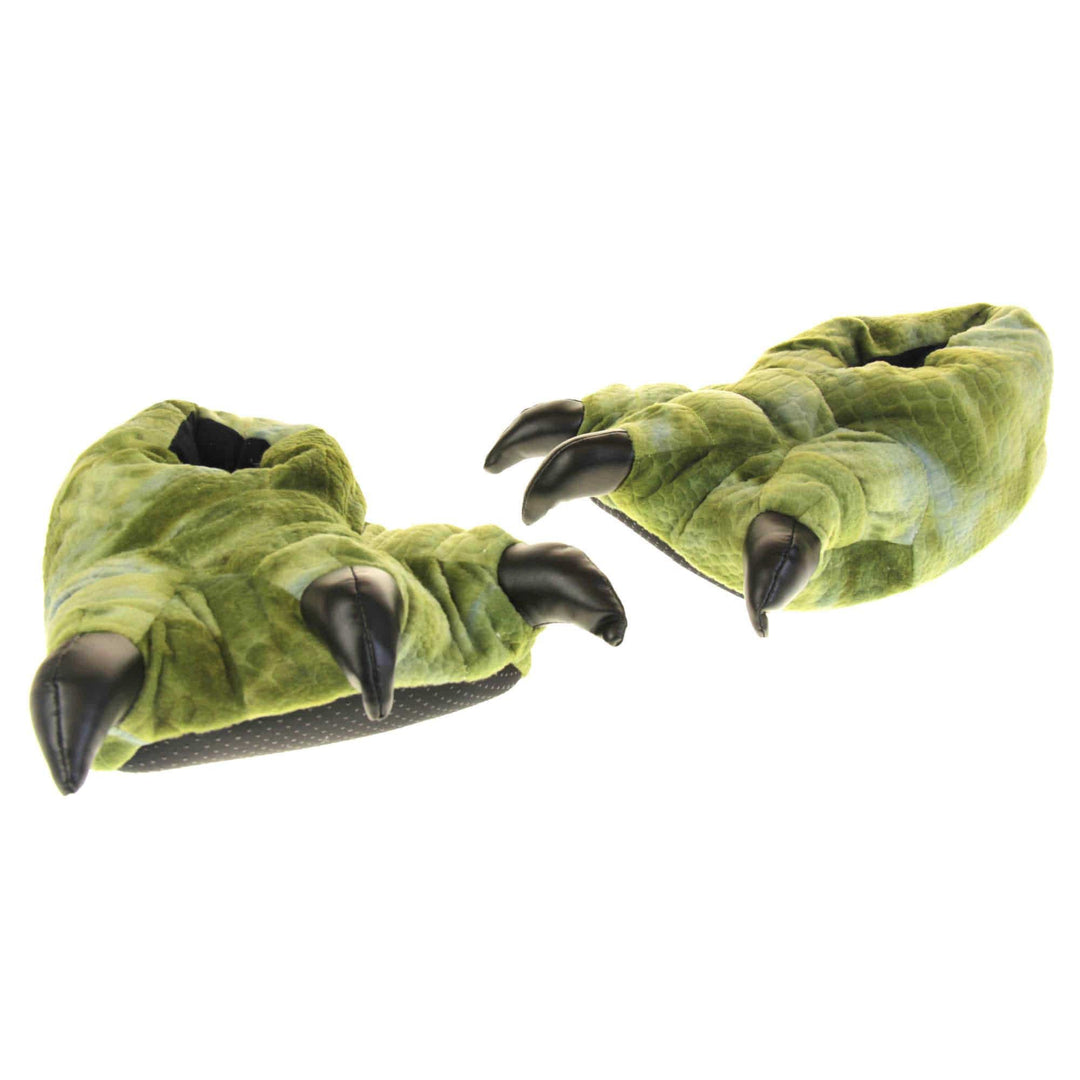 Kids dinosaur slippers. Cushioned slippers shaped like a dinosaur foot. Green textile outer with scale type pattern and black shiny padded claws. Inside is a textile lining. Black soft sole with bumps on for grip. Both feet in a V shape with toes at the front in a point.