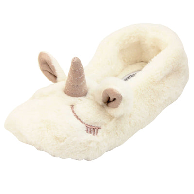 Kids fluffy slippers. Cream faux fur ballet style slipper with a unicorn face stitched into the upper. Sparkly ear and horn detail to the top of the upper. Lined with the same faux fur. Left foot at an angle.
