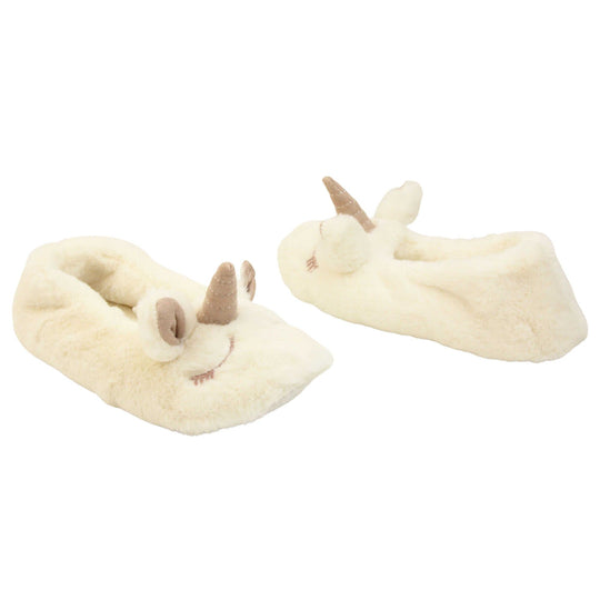 Kids fluffy slippers. Cream faux fur ballet style slipper with a unicorn face stitched into the upper. Sparkly ear and horn detail to the top of the upper. Lined with the same faux fur. Both feet at a slight angle facing top to tail.
