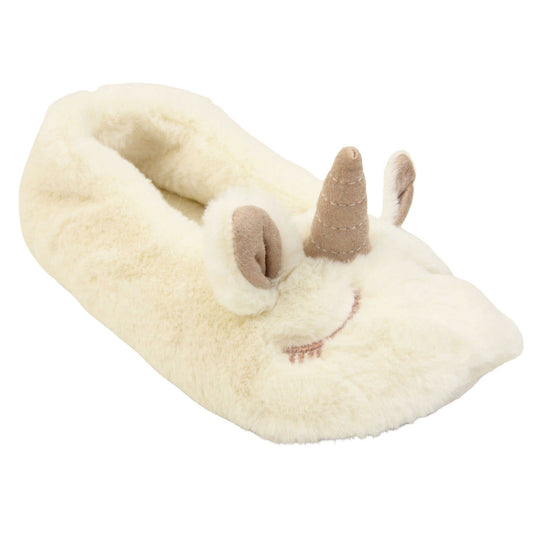 Kids fluffy slippers. Cream faux fur ballet style slipper with a unicorn face stitched into the upper. Sparkly ear and horn detail to the top of the upper. Lined with the same faux fur. Right foot at an angle.