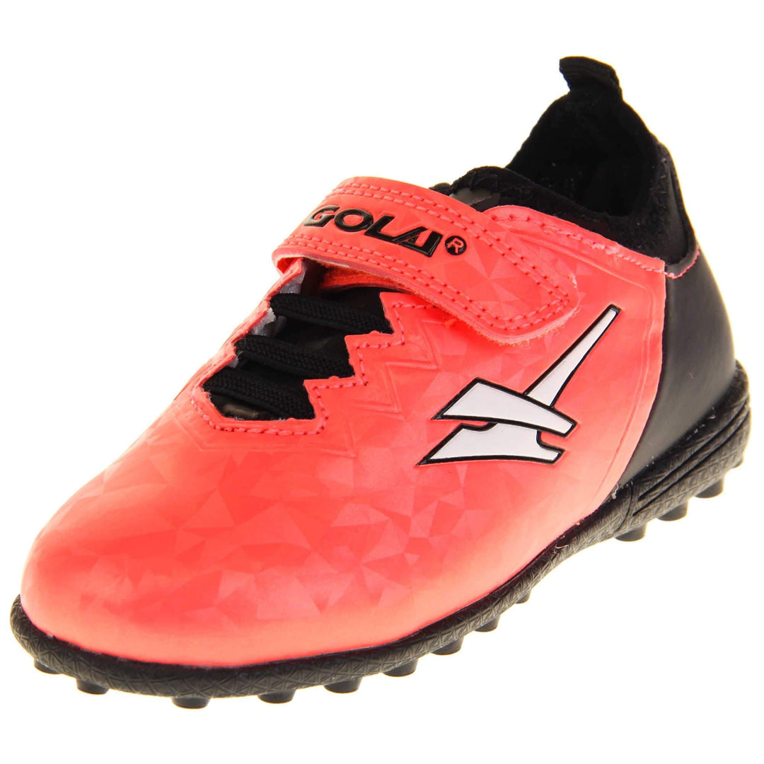 Kids football boots. Metallic red Gola boots with white Gola logo to the sides. With black heel, tongue and black elastic lace detail to the front. Red touch close strap with Gola branding across it. Black bumpy sole. Left foot at an angle