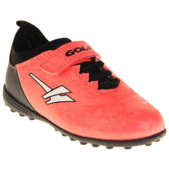Kids football boots. Metallic red Gola boots with white Gola logo to the sides. With black heel, tongue and black elastic lace detail to the front. Red touch close strap with Gola branding across it. Black bumpy sole. Right foot at an angle