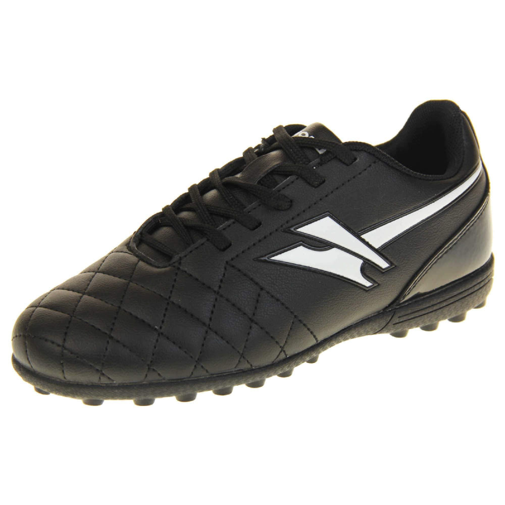 Astro turf boots. Black football trainers with stitching detail to the toes to give a quilted appearance. The black lace fastening to the front. White Gola logo to the side and white Gola branding to the tongue. Black sole with small Astro turf bumps to the base. Left foot at an angle.