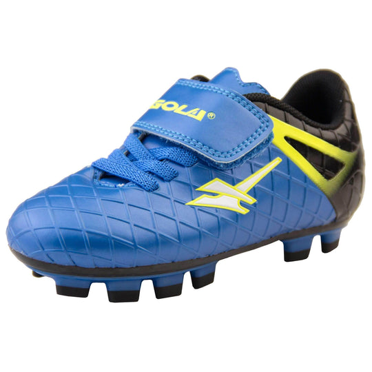 Kids football boots. Blue football boots with diamond detailing and a black heel. Touch close fastening and elasticated lace detail to the front. White Gola logo outlined in yellow to the side and white Gola branding outlined in yellow to the touch fasten strap. Black sole with blue accents and studs to the base. Left foot at an angle.