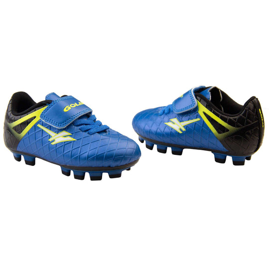 Kids football boots. Blue football boots with diamond detailing and a black heel. Touch close fastening and elasticated lace detail to the front. White Gola logo outlined in yellow to the side and white Gola branding outlined in yellow to the touch fasten strap. Black sole with blue accents and studs to the base. Both feet facing top to tail from an angle.