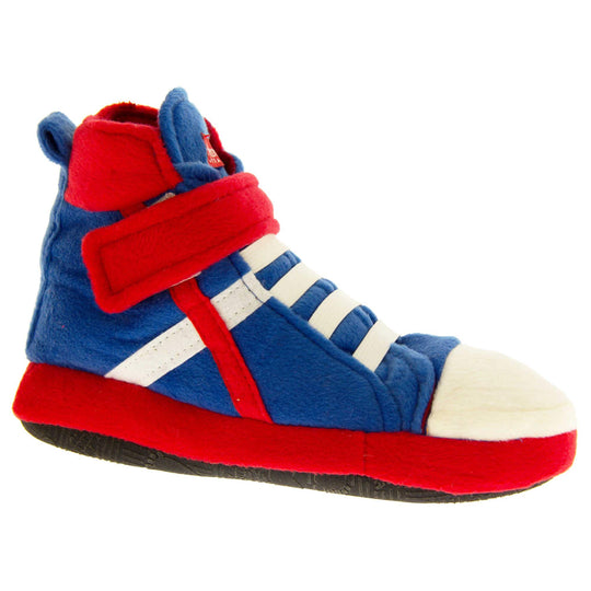 Kids High Tops Slippers. Slippers that look like high top trainers. Soft royal blue upper with white toes and elastic faux laces. White diagonal stripe on the side of the upper. Red touch fasten ankle strap and collar. Red line runs in a diagonal line to the sole. Forms a x with the white line. Thick red edging around the sole. Black sole to the bottom. Right foot at an angle.