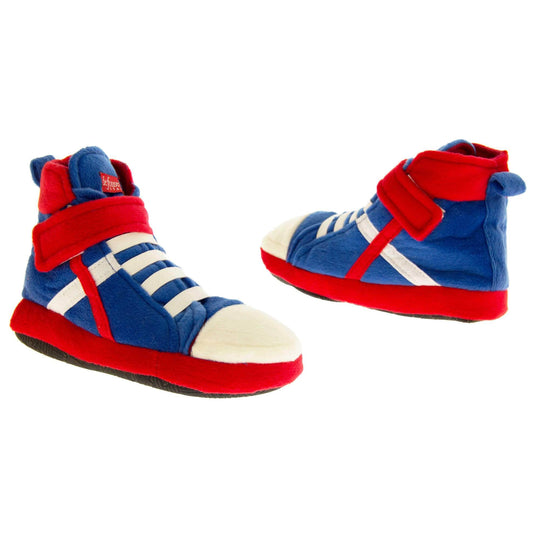 Kids High Tops Slippers. Slippers that look like high top trainers. Soft royal blue upper with white toes and elastic faux laces. White diagonal stripe on the side of the upper. Red touch fasten ankle strap and collar. Red line runs in a diagonal line to the sole. Forms a x with the white line. Thick red edging around the sole. Black sole to the bottom. Both feet from an angle with them facing top to tail.