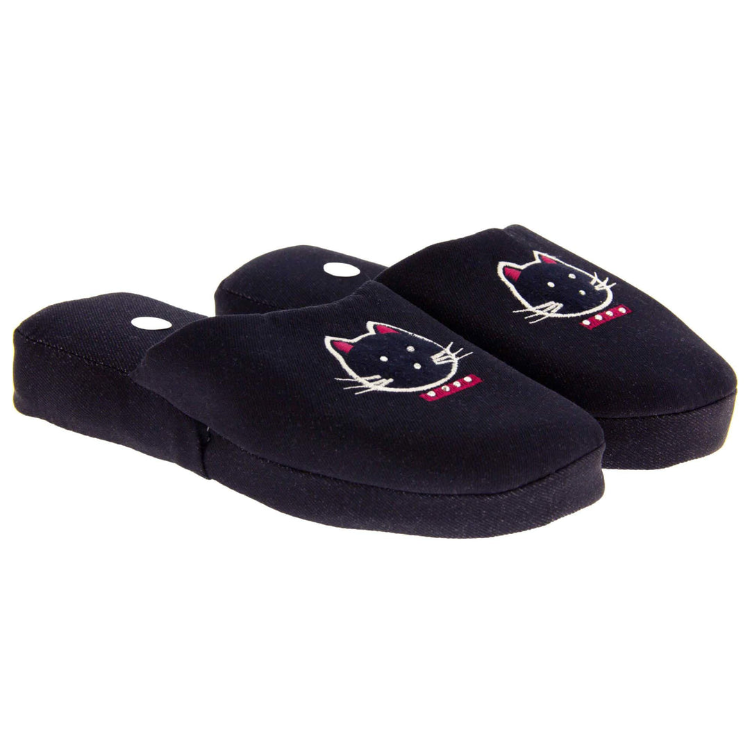 Kids mule slippers. Mule slippers made from a dark blue denim. Padded sole in the same denim with a firm white synthetic outsole. Stitched cat face in white and pink thread on the upper. Both feet next to each other at a slight angle.