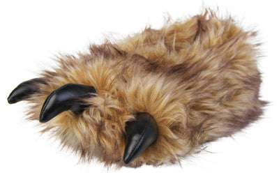 Kids novelty slippers. Cushioned slippers shaped like a monster's foot with claws. Brown faux fur outer and black shiny padded claws. Inside is a textile lining. Black soft sole with bumps on for grip. Left foot at an angle. 
