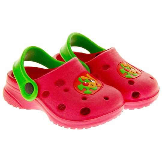 Kids Summer Clogs. Red synthetic clog style shoes. Cut out holes in the upper with a cartoon dog decal in the centre centre. Green strap that goes along the back of your heel. The strap can be moved along the top of the shoe instead to make the shoe a mule. Both shoes next to each other at a slight angle.