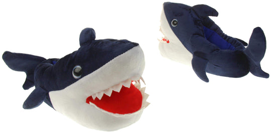 Kids shark slippers. Padded slippers in the shape of a shark with its mouth open. Blue upper and tail and white mouth and belly. Mouth is red felt with white felt shark teeth around the edge. Blue false eyes. Both feet slightly at an angle facing top to tail.