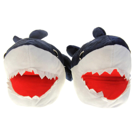 Kids shark slippers. Padded slippers in the shape of a shark with its mouth open. Blue upper and tail and white mouth and belly. Mouth is red felt with white felt shark teeth around the edge. Blue false eyes. Both slippers together from the front to show the face.