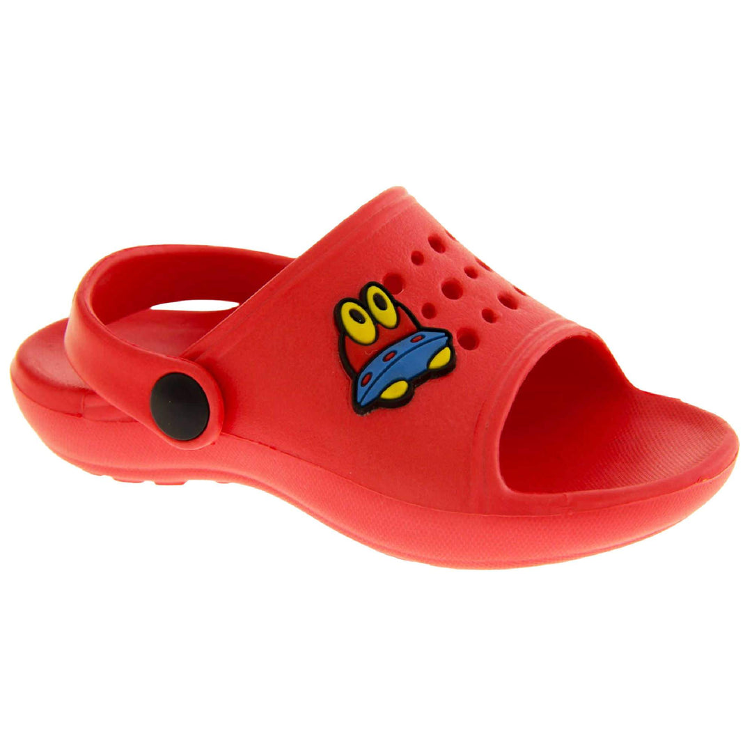 Kids Summer Clogs. Red synthetic clog style shoes. Open toed with cut out holes in the upper with alien detail just off centre. Red strap that goes along the back of your heel. The strap can be moved along the top of the shoe instead to make the shoe a mule. Right foot at an angle.