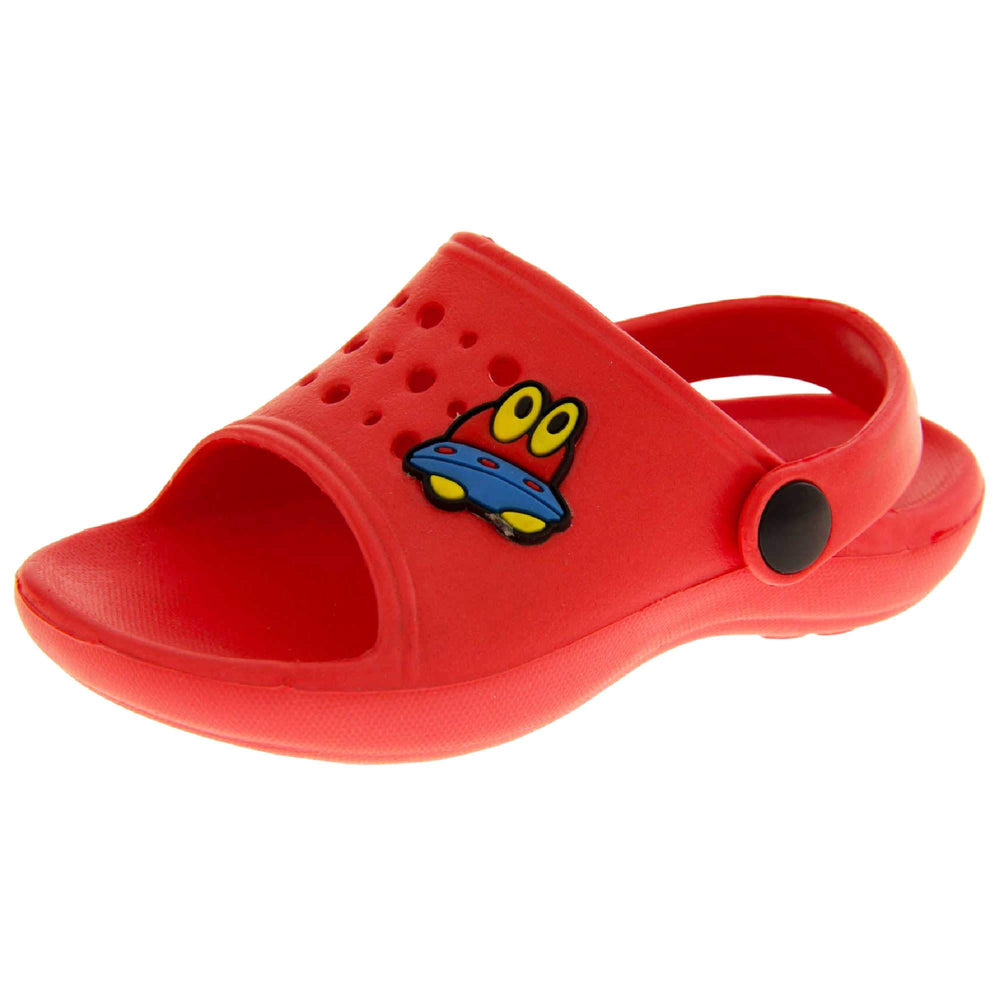 Kids Summer Clogs. Red synthetic clog style shoes. Open toed with cut out holes in the upper with alien detail just off centre. Red strap that goes along the back of your heel. The strap can be moved along the top of the shoe instead to make the shoe a mule. Left foot at an angle.
