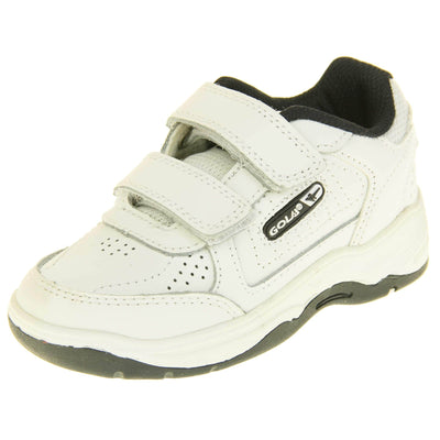 Kids trainers. White leather Gola trainers with fabric tongue. With Gola branding and logo on the side and two touch close straps. The lining is black textile. White chunky sole with black base. Left foot at an angle.