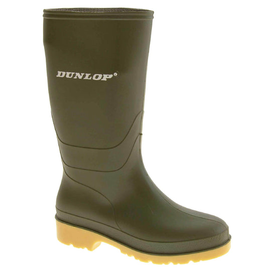 Kids Wellies. Green knee high wellies with a waterproof rubber upper and sole. With white Dunlop logo and brand on the side. Beige coloured rubber sole. Right foot at an angle.