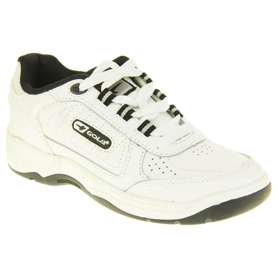 Kids white trainers. White leather Gola trainers with fabric tongue. With Gola branding and logo on the side and lace up fastening to the front. The lining is black textile. White chunky sole with black base. Right foot at an angle.