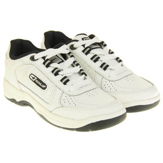 Kids white trainers. White leather Gola trainers with fabric tongue. With Gola branding and logo on the side and lace up fastening to the front. The lining is black textile. White chunky sole with black base. Both shoes next to each other at an angle.