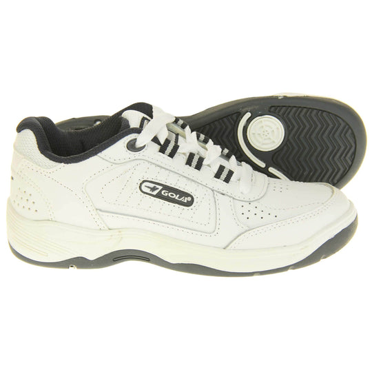 Kids white trainers. White leather Gola trainers with fabric tongue. With Gola branding and logo on the side and lace up fastening to the front. The lining is black textile. White chunky sole with black base. Both shoes from side profile with the left foot on its side to show the sole.