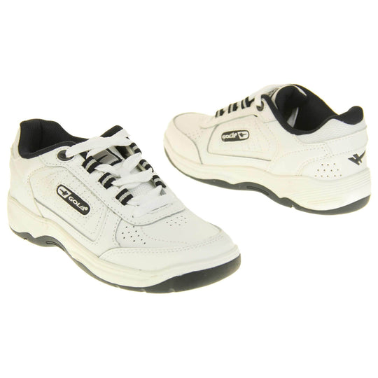 Kids white trainers. White leather Gola trainers with fabric tongue. With Gola branding and logo on the side and lace up fastening to the front. The lining is black textile. White chunky sole with black base. Both shoes at an angle facing top to tail.