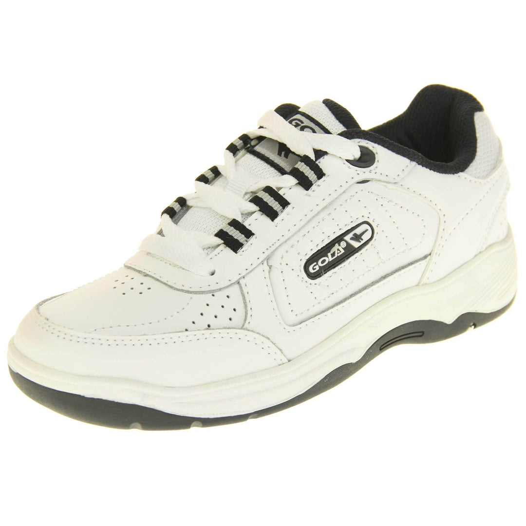 Kids white trainers. White leather Gola trainers with fabric tongue. With Gola branding and logo on the side and lace up fastening to the front. The lining is black textile. White chunky sole with black base. Left foot at an angle.