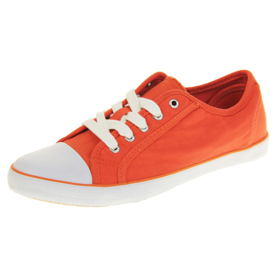 Lace up canvas sneakers. Women's shoes in a low top sneaker style with a orange canvas upper. White laces and white rubber toe bumper. Orange textile lining and white outsole with an orange line running around it and beige base. Left foot at an angle.