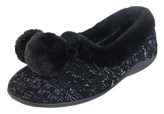 Ladies Black knit slippers with silver metallic thread, with faux fur trim and pom poms left view