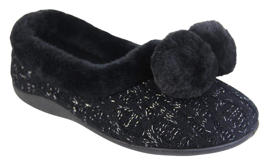Ladies Black knit slippers with silver metallic thread, with faux fur trim and pom poms right view