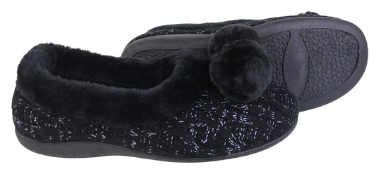 Ladies Black knit slippers with silver metallic thread, with faux fur trim and pom poms side view and sole