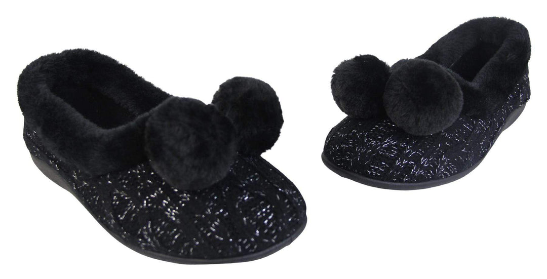 Ladies Black knit slippers with silver metallic thread, with faux fur trim and pom poms both front view