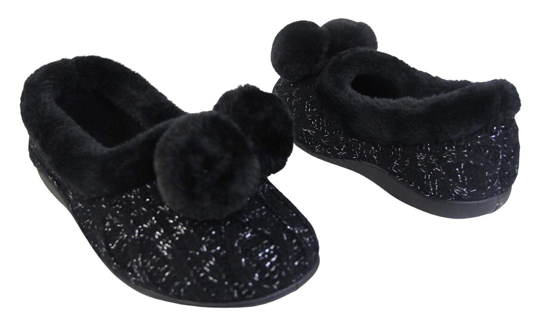 Ladies Black knit slippers with silver metallic thread, with faux fur trim and pom poms outer and instep view