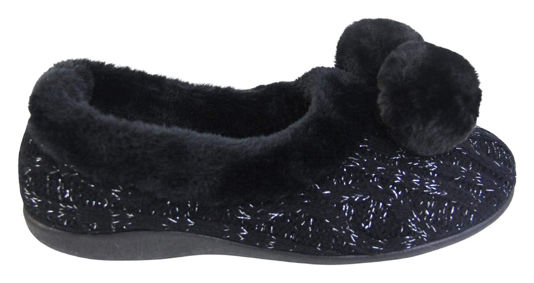 Ladies Black knit slippers with silver metallic thread, with faux fur trim and pom poms side view