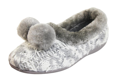 Ladies grey and white knit slippers with silver metallic thread, with faux fur trim and pom poms left view
