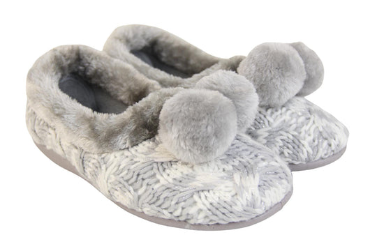 Ladies grey and white knit slippers with silver metallic thread, with faux fur trim and pom poms both front view