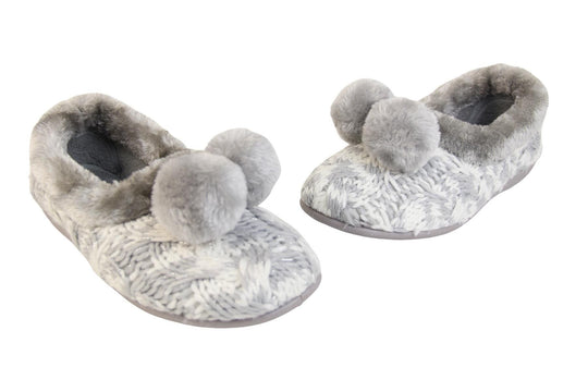 Ladies grey and white knit slippers with silver metallic thread, with faux fur trim and pom poms both outers view