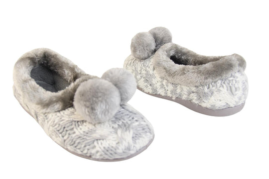 Ladies grey and white knit slippers with silver metallic thread, with faux fur trim and pom poms both outer and instep of both view